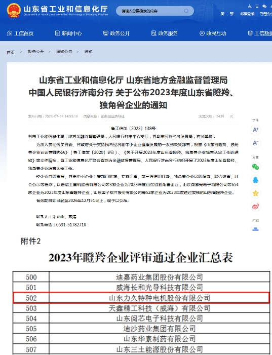 力久公司榮登“山東省瞪羚企業”名列